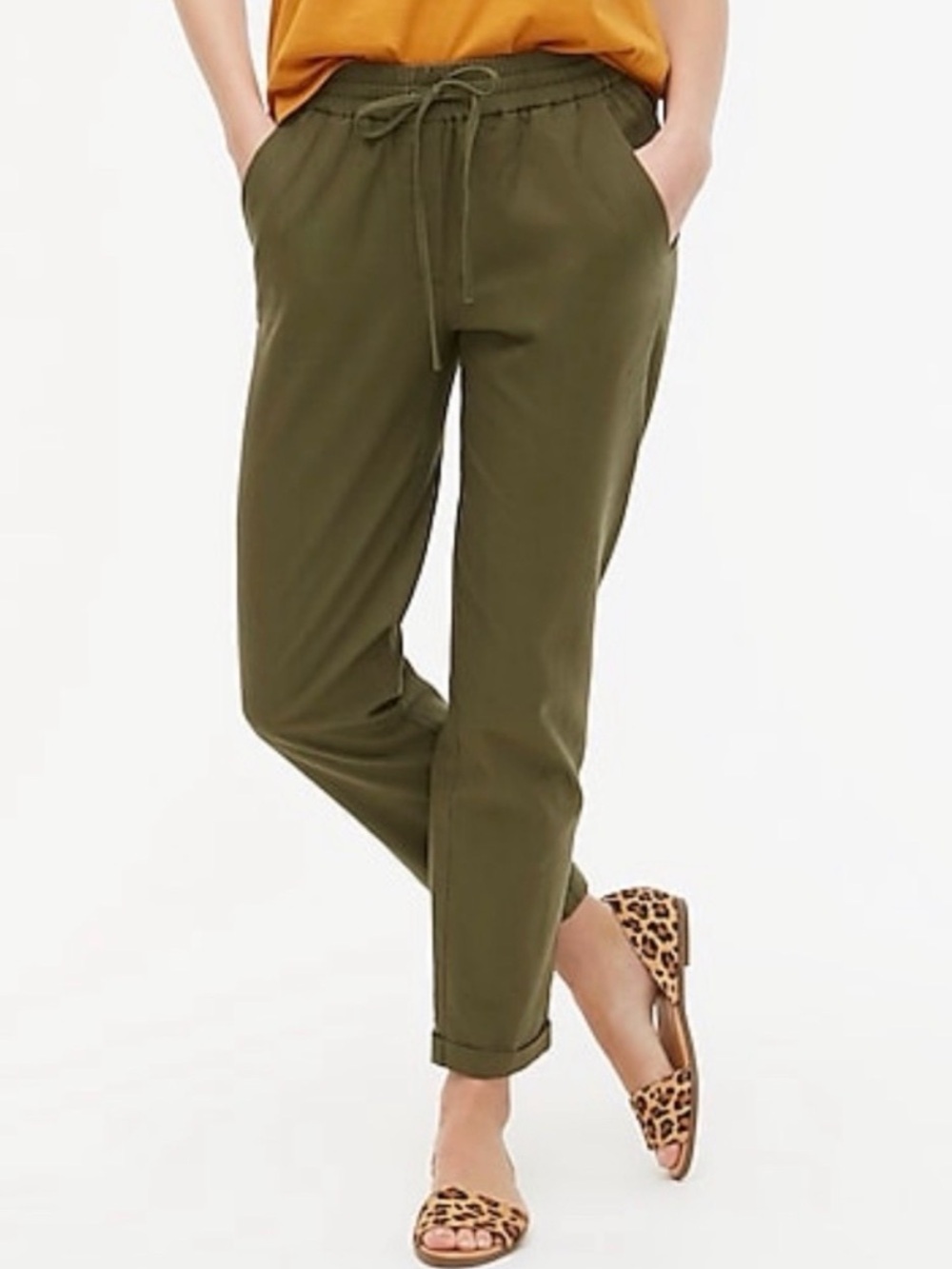 Green J.Crew Linen-Cotton Drawstring Pant